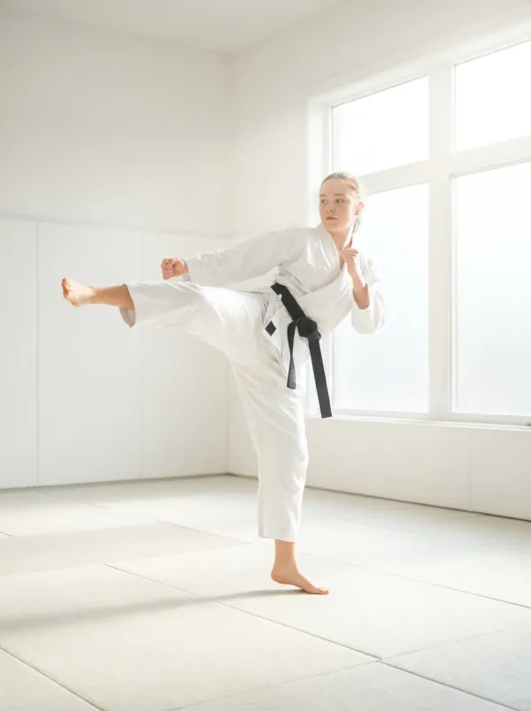 A karate student mid kick