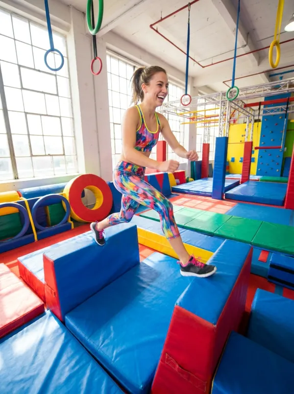 An athlete leaping in a ninja gym