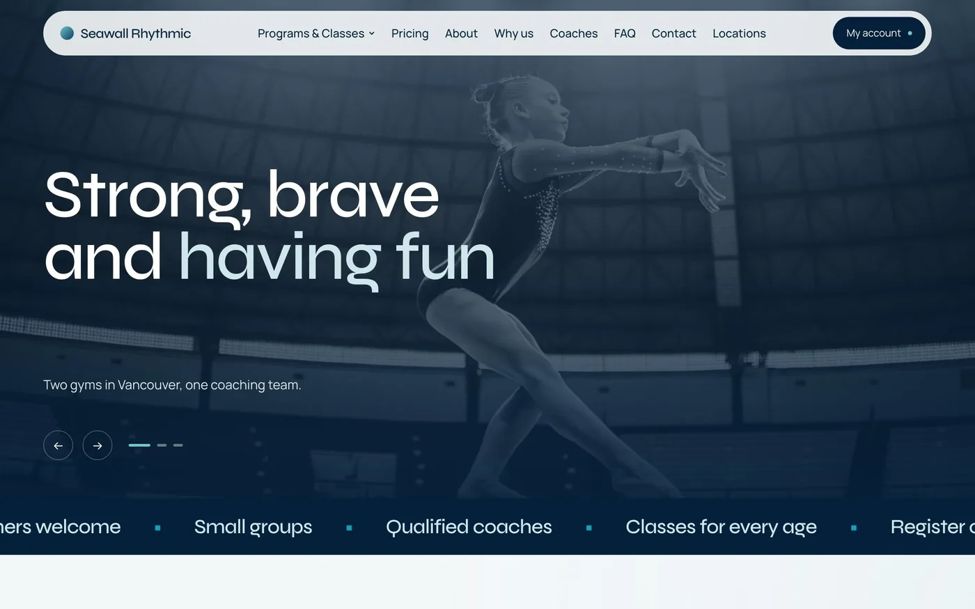 A club's own website, with a photo slider and its full menu